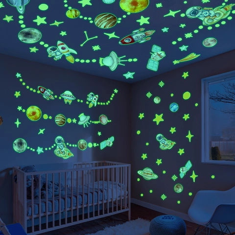 Adesivi Murali Luminosi Spazio PVC Fluorescente Astronauta Pianeti Razzi Stelle Decorazione Soffitto Camera Bambini