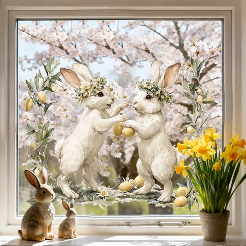 Easter Window Clings PVC Static Stickers Cute Bunny Gnome Egg Flower Wreath Glass Decoration Home Party Holiday Ornament