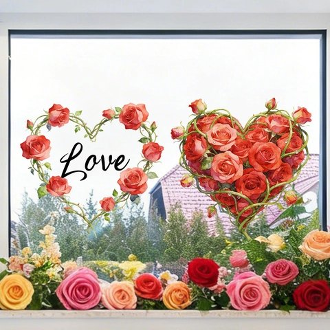 Valentine's Day Window Clings Static Stickers Rose Flower Heart Balloon Romantic Decoration PVC For Glass Windows