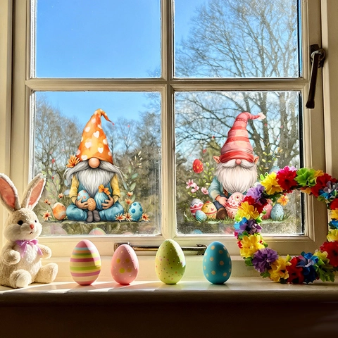 Easter Window Clings PVC Static Stickers Cute Bunny Gnome Egg Flower Wreath Glass Decoration Home Party Holiday Ornament