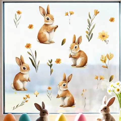Easter Bunny Rabbit Window Clings Static Stickers Cute Watercolor Flower Easter Egg Decals For Glass Window Home Decor