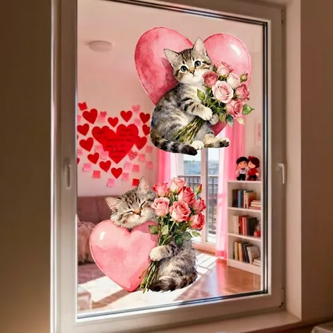 Valentine Day Window Stickers PVC Static Cling Heart Cupid Animal Flower Decals Romantic Glass Decor For Home
