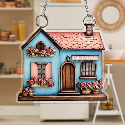 Letrero Colgante de Acrílico Plano 2D Rústico para Decoración Casa Jardín Placa Bienvenida Animal Casa Madera Con Cadena