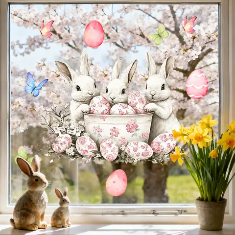 Easter Window Stickers Static PVC Decals Watercolor Rabbit Butterfly Egg Patterns For Glass Tile Home Spring Decoration