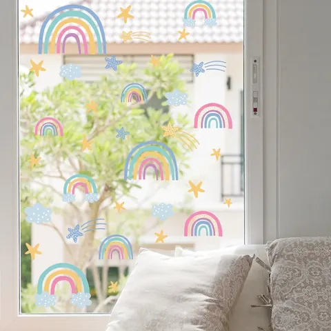 Cartoon Rainbow Elephant Window Sticker Set PVC Static Cling Decor For Kids Room Nursery Bedroom Home Decorative Decals