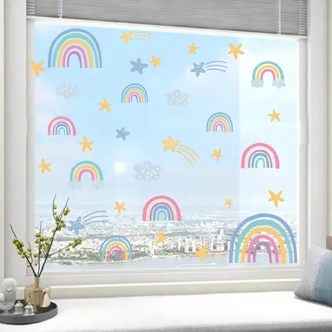 Cartoon Rainbow Elephant Window Sticker Set PVC Static Cling Decor For Kids Room Nursery Bedroom Home Decorative Decals
