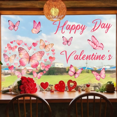 Stickers de Fenêtre Saint Valentin Arbre de Cœur Papillon Rose Fleur Stickers Statiques PVC Décalcomanies de Verre Décoration