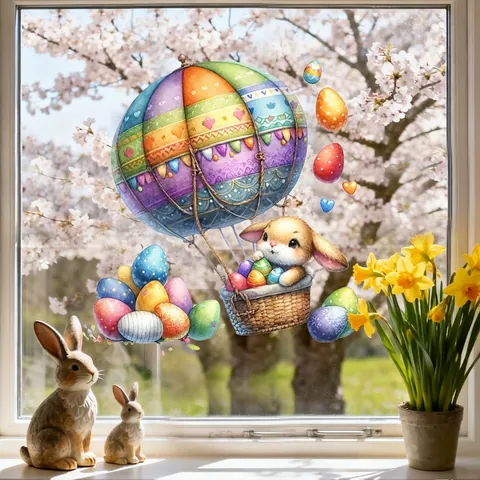 Easter Bunny Rabbit Window Clings Static Stickers Cute Watercolor Flower Easter Egg Decals For Glass Window Home Decor