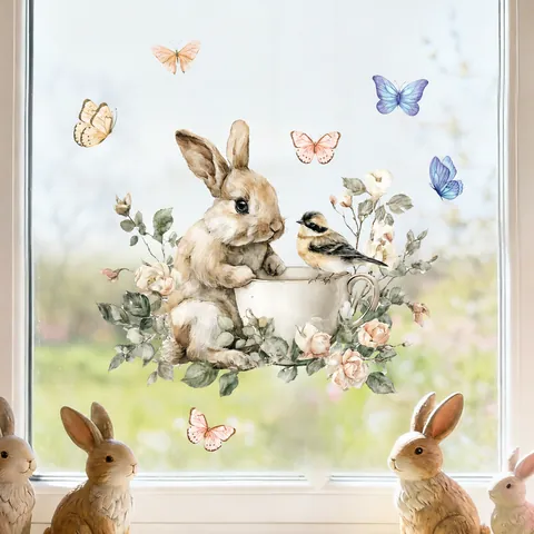 Easter Window Stickers Static PVC Decals Watercolor Rabbit Butterfly Egg Patterns For Glass Tile Home Spring Decoration