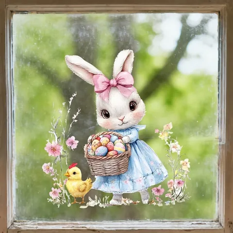 Stickers de Fenêtre Lapin et Oeufs de Pâques Décoration de Verre Fleurs et Papillons pour Fête et Maison