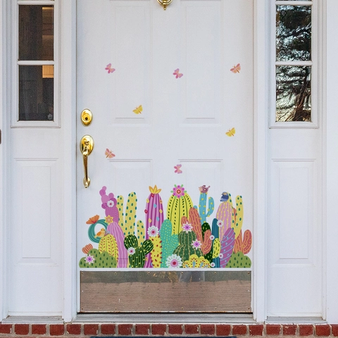 Adesivi Murali Cactus Acquerello Piante in Vaso Colorate Farfalla Uccello Fiori Decalcomanie da Muro in PVC Autoadesive Casa