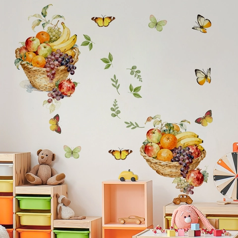Vinilos Decorativos de Acuarela Cesta de Frutas Vides PVC Autoadhesivos Mariposas Hojas Verdes Decoración para Sala de Estar Dormitorio Cocina