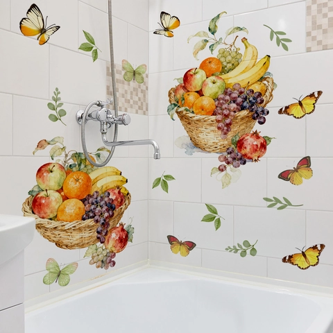 Vinilos Decorativos de Acuarela Cesta de Frutas Vides PVC Autoadhesivos Mariposas Hojas Verdes Decoración para Sala de Estar Dormitorio Cocina