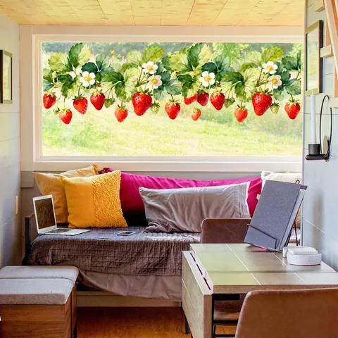 Strawberry Floral Window Sticker Static Cling PVC Glass Decal Fruit Flower Vine Pastoral Home Decoration For Kitchen Window