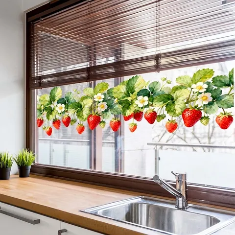 Strawberry Floral Window Sticker Static Cling PVC Glass Decal Fruit Flower Vine Pastoral Home Decoration For Kitchen Window