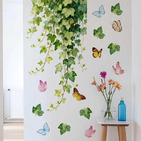 Muurstickers PVC Zelfklevend Groene Planten Ranken Esdoornbladeren Vlinder Decoratie Voor Woonkamer Slaapkamer