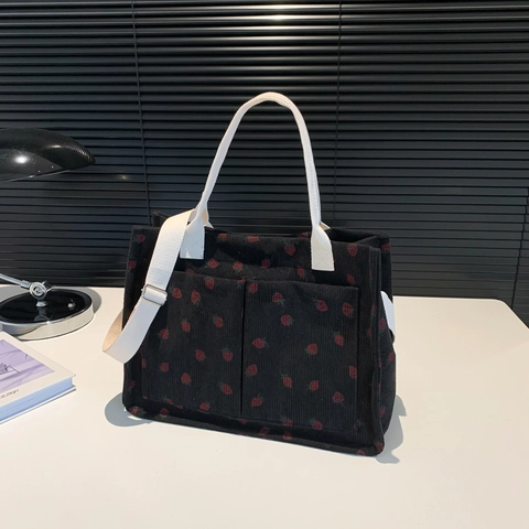 Corduroy Tote Tas Met Aardbei Print Grote Capaciteit Dubbele Voorzakken Verstelbare Riem Crossbody Schoudertas Handtas