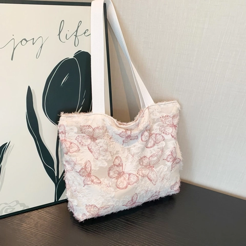 Mode Damen Große Kapazität Schmetterling Muster Tote Bag Ästhetische 3D Fransen Textur Stoff Schultertasche Pendler Tasche
