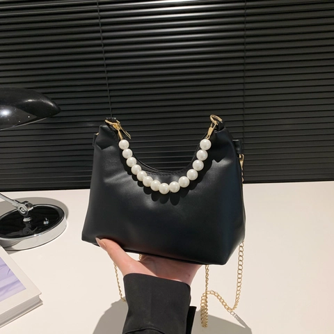 Women PU Leather Hobo Underarm Bag With Artificial Pearl Handle And Gold Chain Strap Elegant Crescent Shoulder Crossbody Handbag