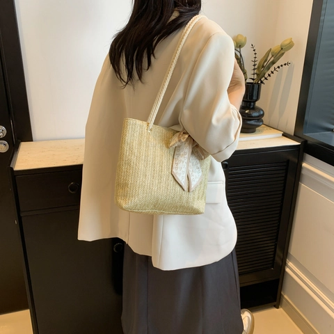 Borsa Tote da Donna in Paglia Intrecciata Con Foulard a Cuori Grande Capacità per Spiaggia e Vacanze Estive Borsa a Spalla
