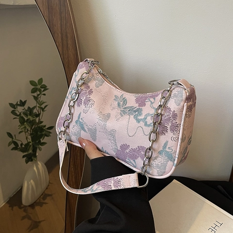 Borsa Sottobraccio Donna Nuovo Stile Cinese Vintage Ricamo Floreale Jacquard Pelle PU Con Tracolla a Catena in Metallo