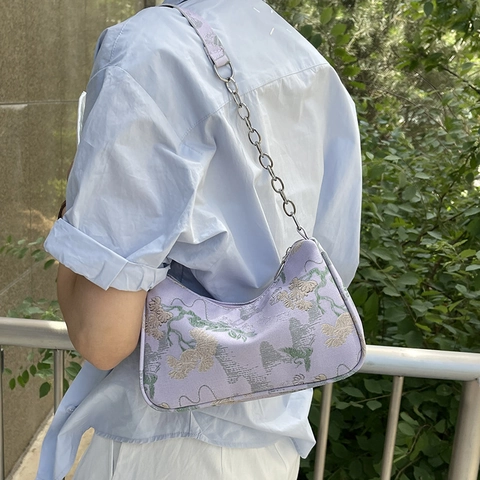 Borsa Sottobraccio Donna Nuovo Stile Cinese Vintage Ricamo Floreale Jacquard Pelle PU Con Tracolla a Catena in Metallo