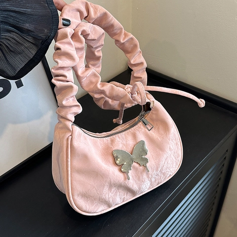 Damen Y2K Falten Achseltasche Metall Schmetterling Dekor Scrunchie Riemen Umhängetasche Süß Cool Halbmond Tasche Party