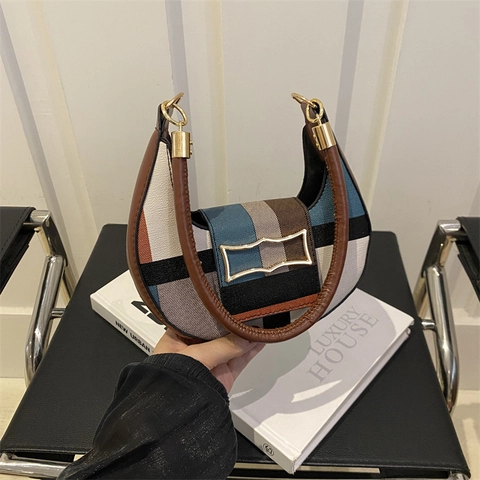 Bolso de Hombro de Cuero PU de Color en Contraste para Mujer Bolso de Axila Hobo de Patchwork Geométrico con Hebilla