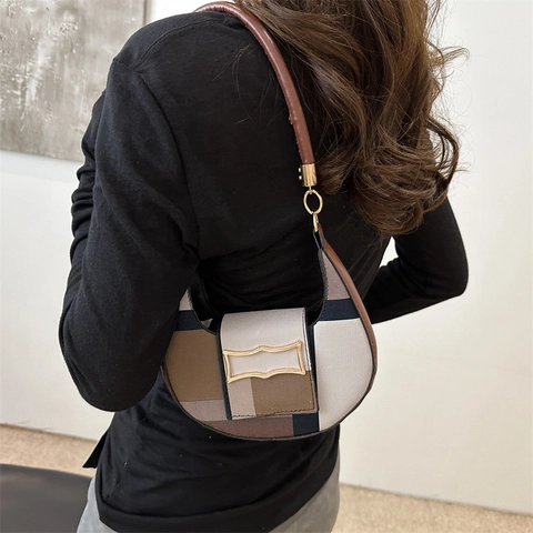 Bolso de Hombro de Cuero PU de Color en Contraste para Mujer Bolso de Axila Hobo de Patchwork Geométrico con Hebilla
