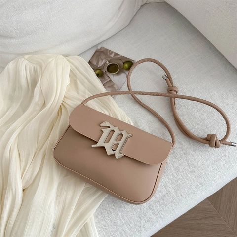 Women PU Leather Shoulder Bag Gothic Letter Decor Knotted Strap Retro Flap Crossbody Bag Minimalist Niche Design