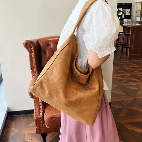 Large Capacity Faux Suede Tote Bag Retro Minimalist Hobo Shoulder Bag For Women Solid Color