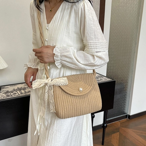 Dames Vintage Gevlochten Emmer Tas Met Parel Knop En Kanten Strik Franse Pastorale Schouder Crossbody Strand Tas Handtas