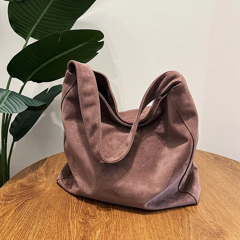 Large Capacity Faux Suede Tote Bag Retro Minimalist Hobo Shoulder Bag For Women Solid Color