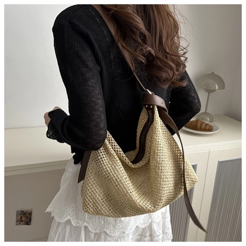 Borsa Hobo In Paglia Intrecciata Da Donna Grande Capacità Spalla In Rete Con Tracolla In PU Regolabile Spiaggia Estate
