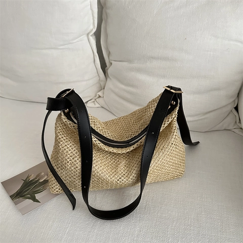 Borsa Hobo In Paglia Intrecciata Da Donna Grande Capacità Spalla In Rete Con Tracolla In PU Regolabile Spiaggia Estate