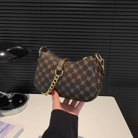 Women Retro Hobo Bag Geometric Print PU Leather Underarm Shoulder Purse With Gold Chain Adjustable Strap Vintage Trendy