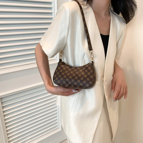 Women Retro Hobo Bag Geometric Print PU Leather Underarm Shoulder Purse With Gold Chain Adjustable Strap Vintage Trendy