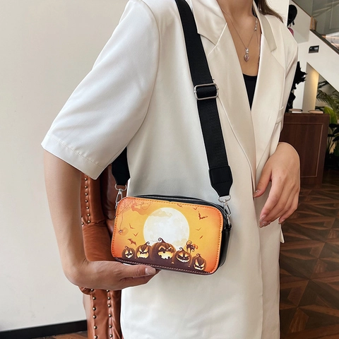 Halloween Print Small Square Shoulder Bag For Women Fashion PU Leather Crossbody Bag With Wide Adjustable Strap Festival Gift