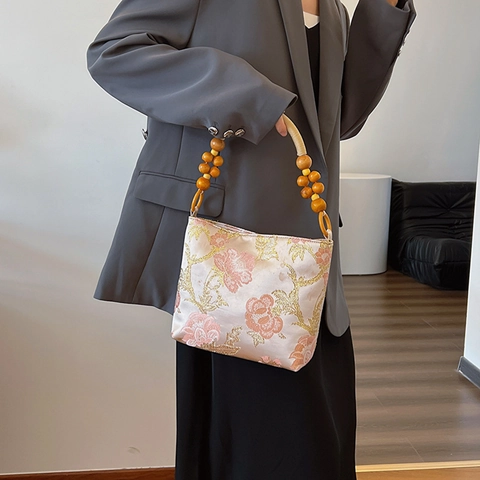 Vintage Stickerei Umhängetasche Satin Stoff Mit Holzperlen Griff Blumen Schmetterling Muster Schicke Handtasche Für Damen