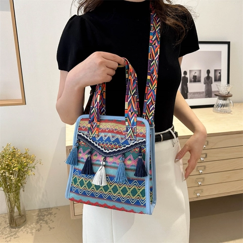 Borsa A Tracolla Intrecciata Bohémien Motivo Geometrico Etnico Decorazione Con Nappe Tracolla Larga Borsa Donna