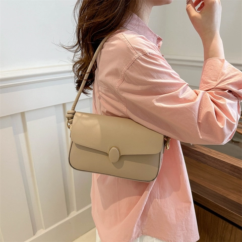 Women's Minimalist PU Leather Shoulder Bag Korean Style Underarm Bag Small Square Bag With Knot Strap Oval Buckle