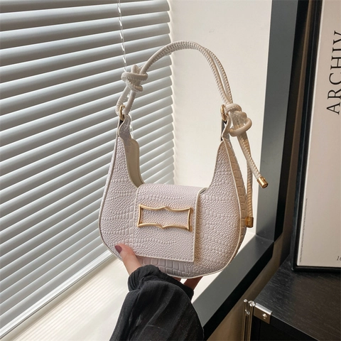 Borsa Baguette Sottobraccio Da Donna Motivo Coccodrillo Pelle PU Fibbia Dorata Elegante Borsa A Spalla Con Nodo