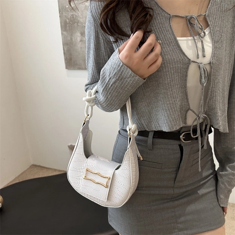 Borsa Baguette Sottobraccio Da Donna Motivo Coccodrillo Pelle PU Fibbia Dorata Elegante Borsa A Spalla Con Nodo