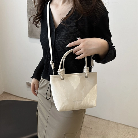 Minimalist Wrinkled Texture PU Leather Bucket Bag Chic Knot Top Handle Handbag With Adjustable Crossbody Strap For Women