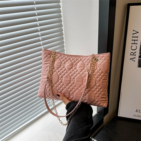 Women Fashion Rhombic Quilted Tote Bag PU Leather Large Capacity Chain Shoulder Bag Summer Casual Commuting Solid Color Quilted Handbag