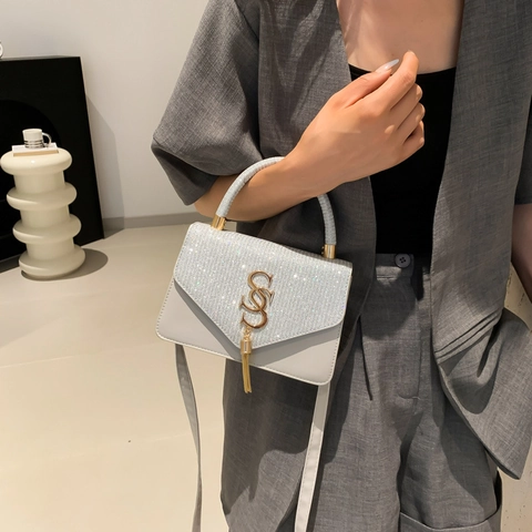Women Fashion Glitter Rhinestone Shoulder Bag With Gold Letter Logo Tassel Luxury Leather Crossbody Handbag For Wedding Party
