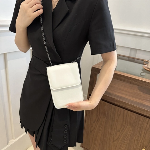 Women PU Leather Small Square Shoulder Bag Solid Color Vertical Magnetic Clasp Mobile Phone Bag With Metal Chain Strap