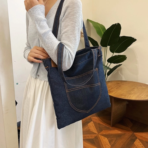 Große Denim Tragetasche Damen Vintage Lässige Schultertasche Mit Kontrastnähten Tägliche Shopper Tasche Für Pendler