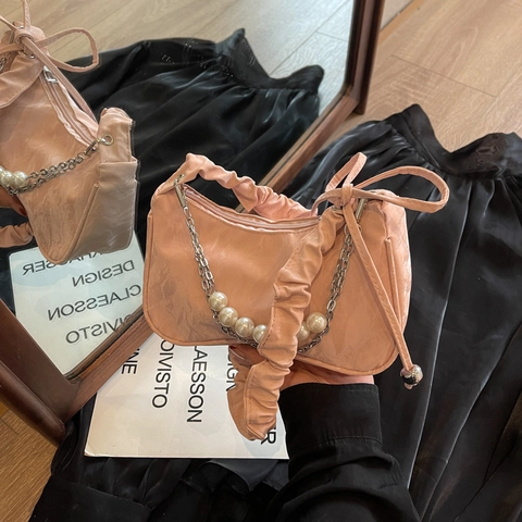 Borsa Sottobraccio a Nuvola Arricciata Con Catena di Künstliche Perle Elegante Borsa a Spalla in Pelle PU Tinta Unita Donna Casual