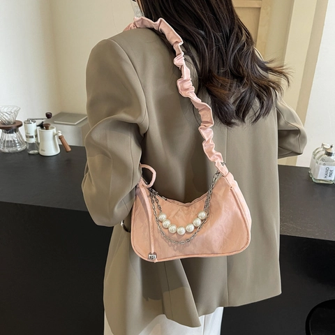 Borsa Sottobraccio a Nuvola Arricciata Con Catena di Künstliche Perle Elegante Borsa a Spalla in Pelle PU Tinta Unita Donna Casual